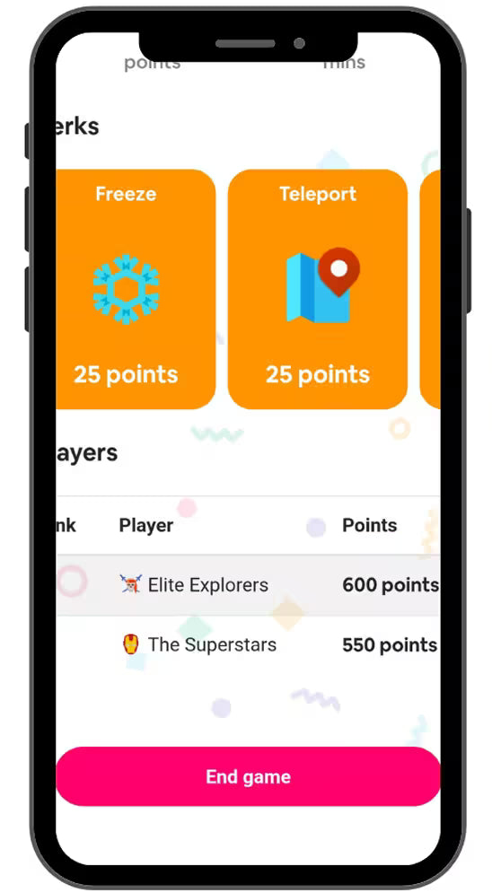 A screen interface displaying a real-time competitive leaderboard alongside available in-game power-ups and player perks.