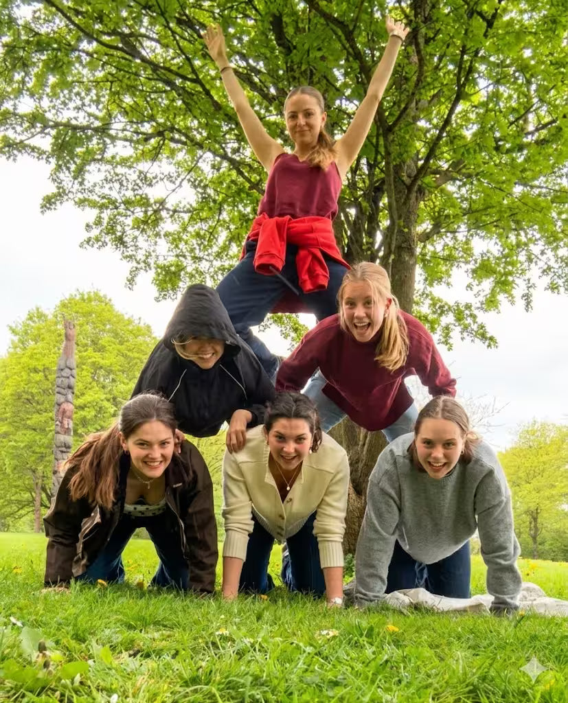A team of six successfully forming a human pyramid on a grass field.