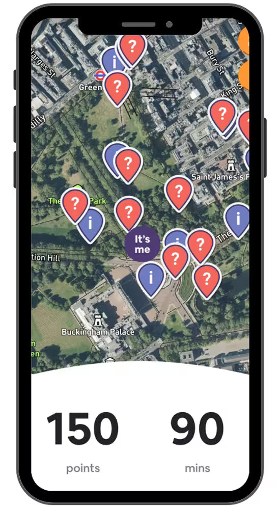 A high-level view of the interactive game map showing question and information locations.