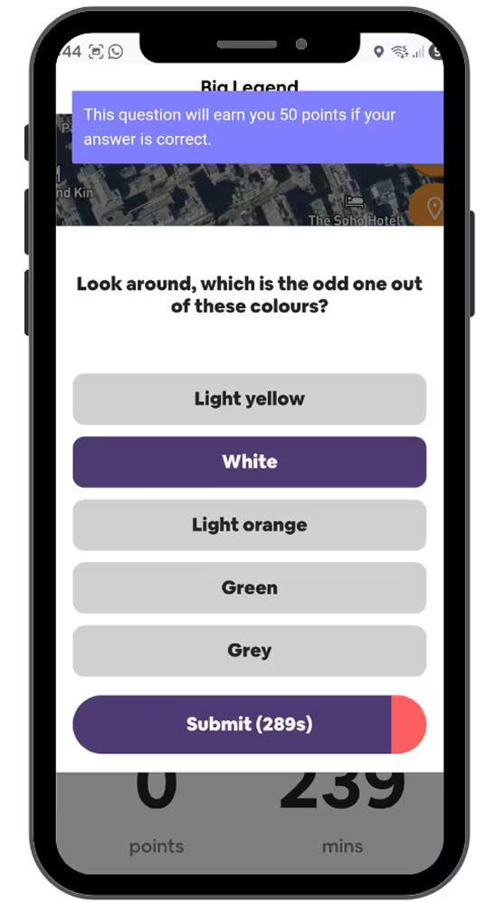A close-up of a multiple-choice game question displayed on a mobile interface with a countdown timer.