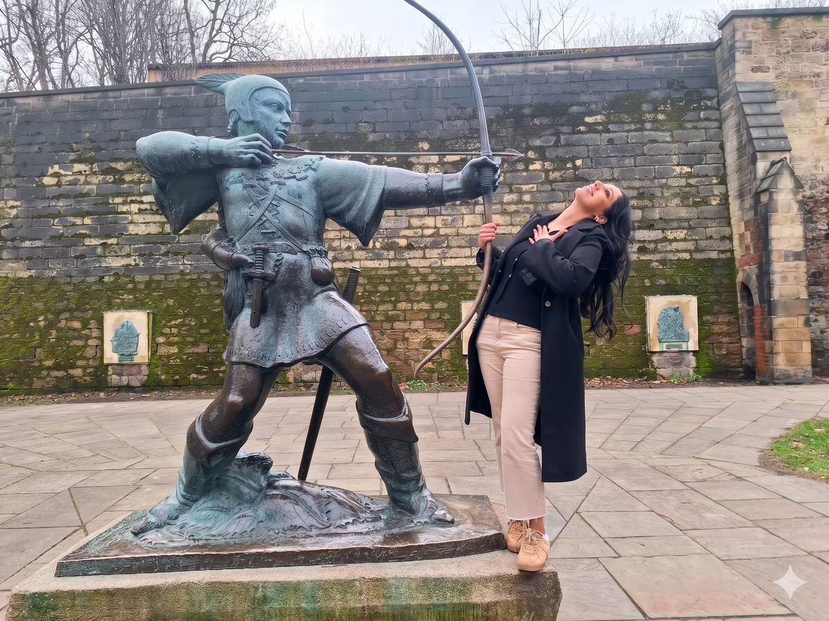 A woman mimicking the pose of a historic statue during a city scavenger hunt.