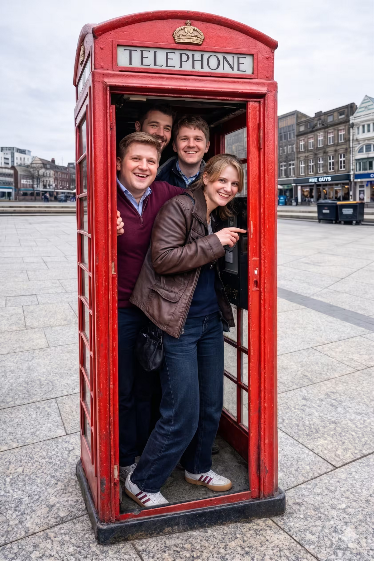 A group of colleagues cramming into a classic red phone box for a funny team challenge.