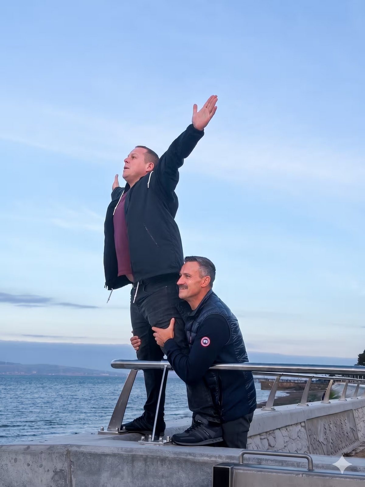 Two men recreating the "Titanic" movie pose on a pier overlooking the water.